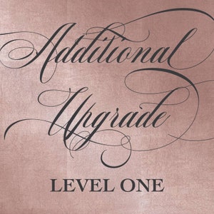 May include: A pink background with black cursive text that reads "Additional Upgrade Level One".