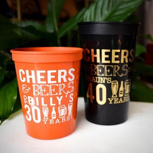 Custom Printed Cheers & Beers Birthday Cups, Personalized Stadium Cups, Birthday Party Favors, Printed Party Beer Cups, Birthday Bash Cups
