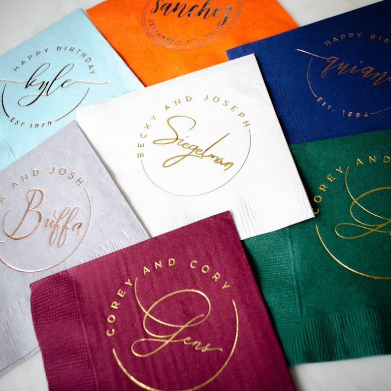 Circle Monogram Contemporary Wedding Napkins, Foil Stamped 3 Ply Cocktail Napkins, Custom Beverage Napkins, Engagement Party, Bridal Shower image 1