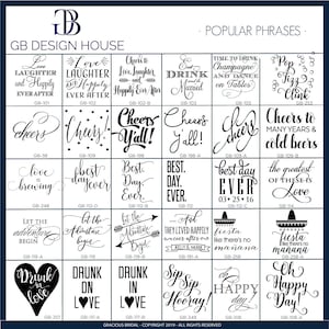 May include: A black and white graphic design chart with 24 different wedding-themed phrases. The phrases are displayed in a grid format with a black border around each phrase. The phrases include "Love is brewing", "Cheers Y'all", "Best Day Ever", "Let the Adventure Begin", "Drunk in Love", "Sip Sip Hooray", and "Oh Happy Day".