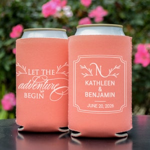 Let The Adventure Begin Can Coolers, Custom White Ink Wedding Favors, Personalized Neoprene Can Cooler Favors, Custom Wedding Can Coolies