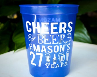 Custom Cheers & Beers Birthday Cups, Personalized Stadium Cups, 20th Birthday, 30th Birthday, Plastic Party Cups, Birthday Party Favors