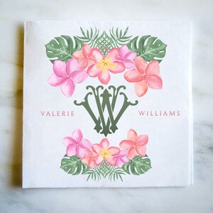 Tropical Full Color Watercolor Crest Napkins, 3ply Full Color Cocktail Napkins, Floral Crest Wedding Napkins, Wedding Full Color 3ply Napkin