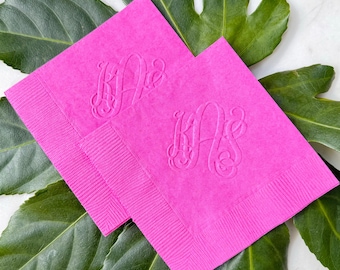Embossed Monogram Pink Napkins, 3 Ply Beverage Napkins, Personalized Embossing Napkins, Custom Wedding Reception Cocktail Napkins
