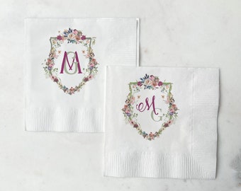 Full-Color Floral Crest Custom Wedding Napkins, 3ply Beverage Napkins, Monogram Wedding Napkins, Personalized Cocktail Napkin, Bridal Shower