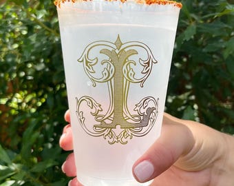 Monogram Frost-Flex Shatterproof Cups, Elegant Shatterproof Wedding Cups, Customized Printed Clear Frost-Flex Cup, Custom Frosted Party Cups