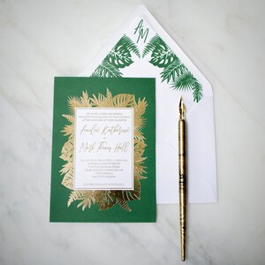 Tropical Leaves Wedding Invitations,  Real Gold Foil Wedding Invites, Personalized Monstera and Palm Party Invitations, Full Color and Foil