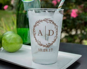 Monogrammed Hard Plastic Party Cups, Customizable Wreath Monogram, Personalized Wedding Cups, Two-Initial Monogram, Engagement Party