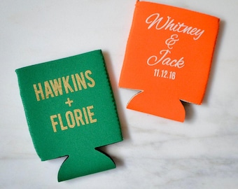 Printed Can Coolers, Personalized Can Coolers, Custom Destination Wedding Favors, Custom Wedding Can Cooler Favors, Monogrammed Can Coolies
