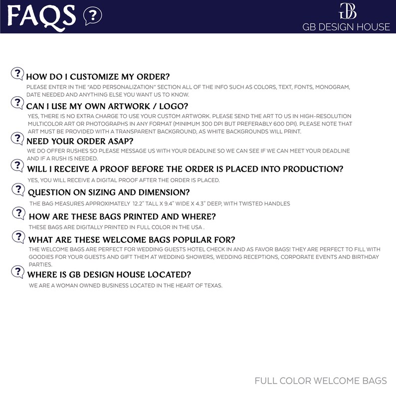 Może przedstawiać: Grafika informacyjna zatytułowana FAQS od GB Design House zawierająca listę pytań i odpowiedzi dotyczących personalizacji, przesyłania grafik, pilnych zam&oacute;wień, cyfrowych dowod&oacute;w oraz wymiar&oacute;w toreb 31 cm na 23,9 cm na 10,9 cm.