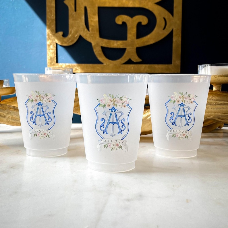 Full Color Frost-Flex Cups, Wedding Crest Frosted Plastic Cups, Custom Logo Shatterproof Cups, Personalized Party Cups, Party Favors zdjęcie 3