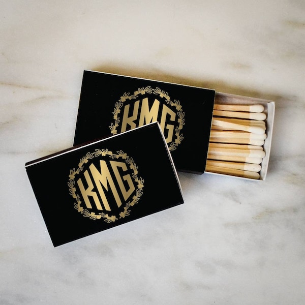 Cajas de cerillas con coronas florales personalizadas, cerillas de boda con monogramas, cajas de cerillas personalizadas con impresión en papel de aluminio, cerillas de puros personalizadas, regalos de boda