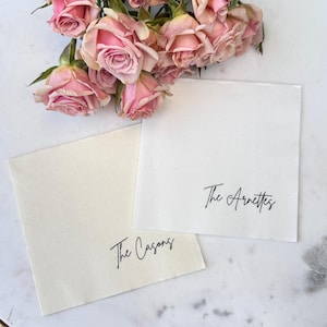 Custom Elegant Script Last Name Linen Like Beverage Napkins, Champagne Linen Like Wedding Napkins, Cocktail Napkin, Engagement Linun Napkins