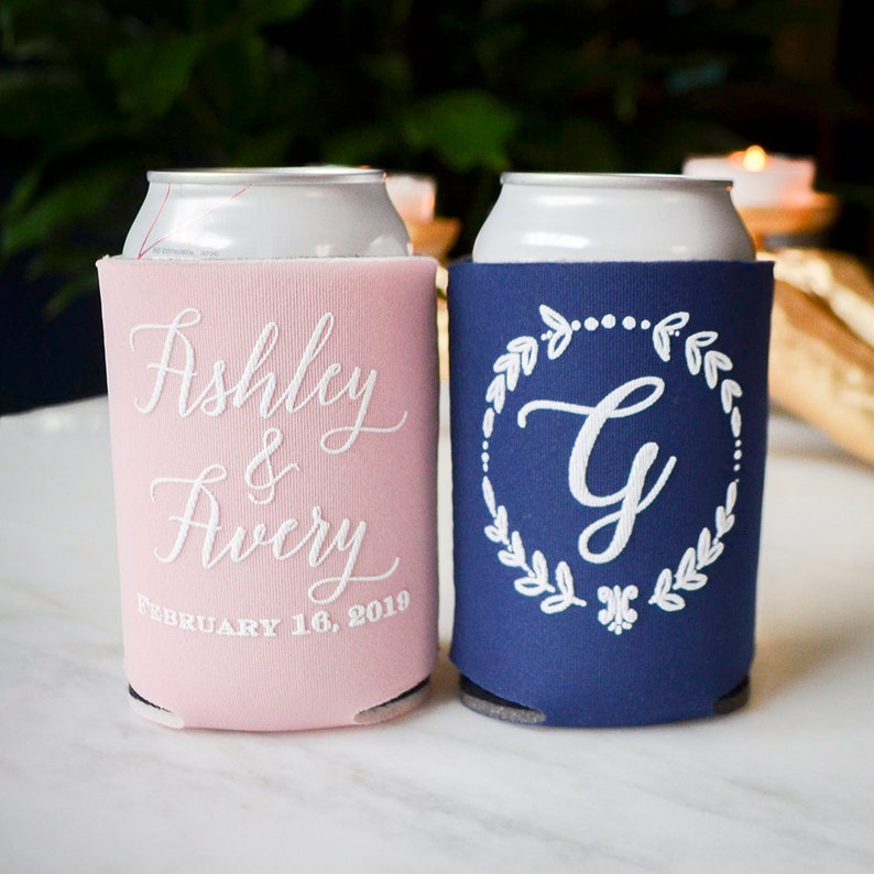 Can Insulators Gold Wedding Can Coolers Rehearsal Dinner Wedding Reception Engagement Party Bottle Hugger Monogrammed Slim Can Coolers