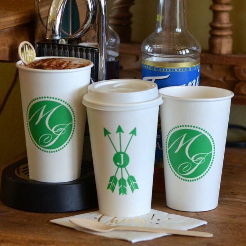 Custom Printed Paper Cups, Monogrammed Coffee Cups, Personalized Hot Drink Cups, Coffee Bar, Hot Chocolate Bar, Wedding Cups, Party Cups image 1
