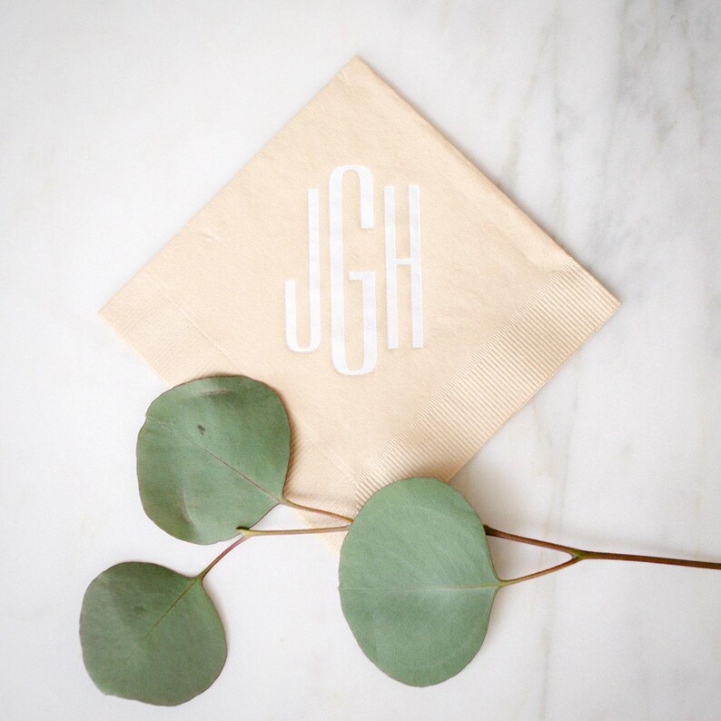 Modern Wedding Monogram Cocktail Napkins, Block Monogram Napkins, Tan Napkins, Personalized Napkins, Custom 3 Ply Napkins, Paper Napkins zdjęcie 5