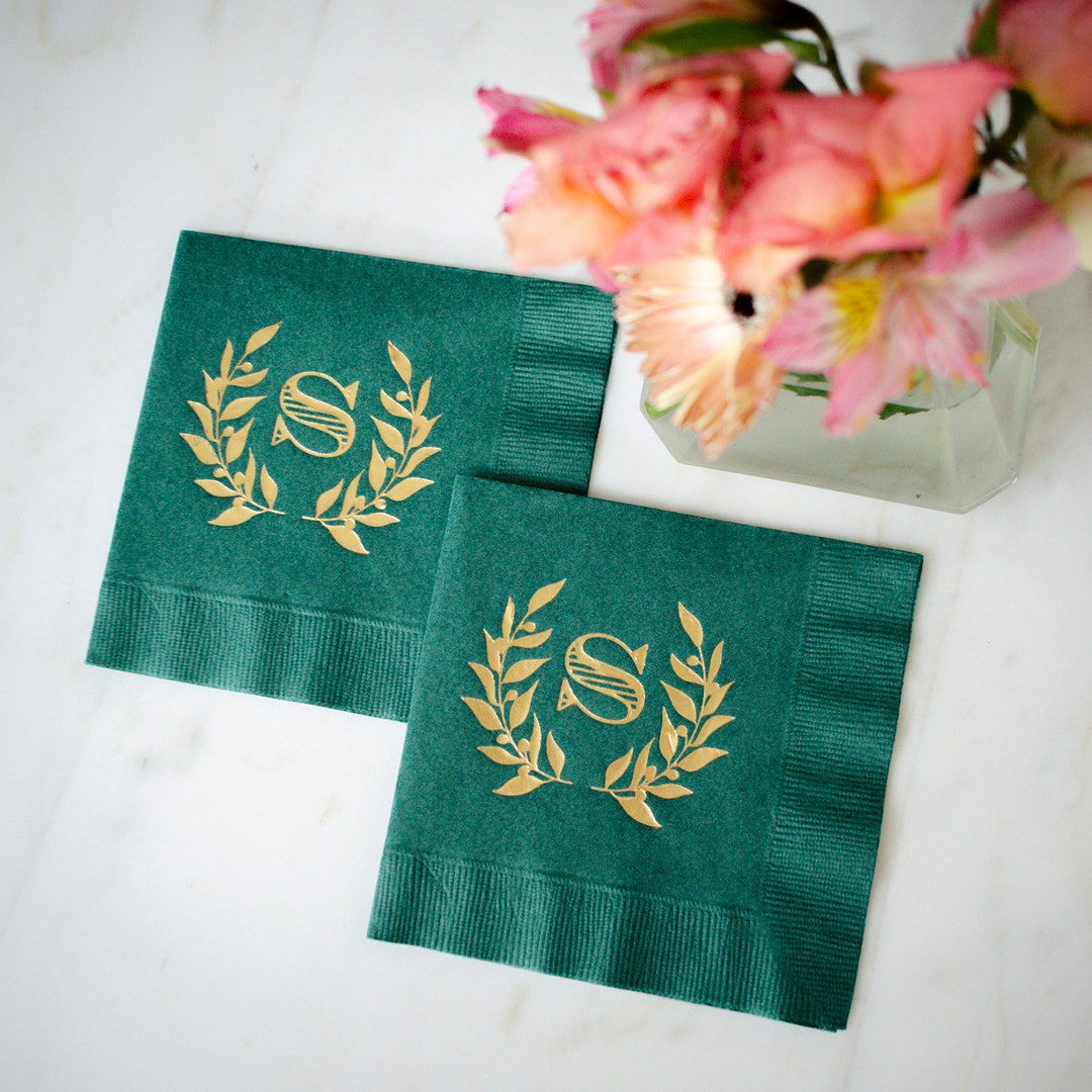 Forest Green Wedding Napkins, Gold Foil Cocktail Napkins, Autumn