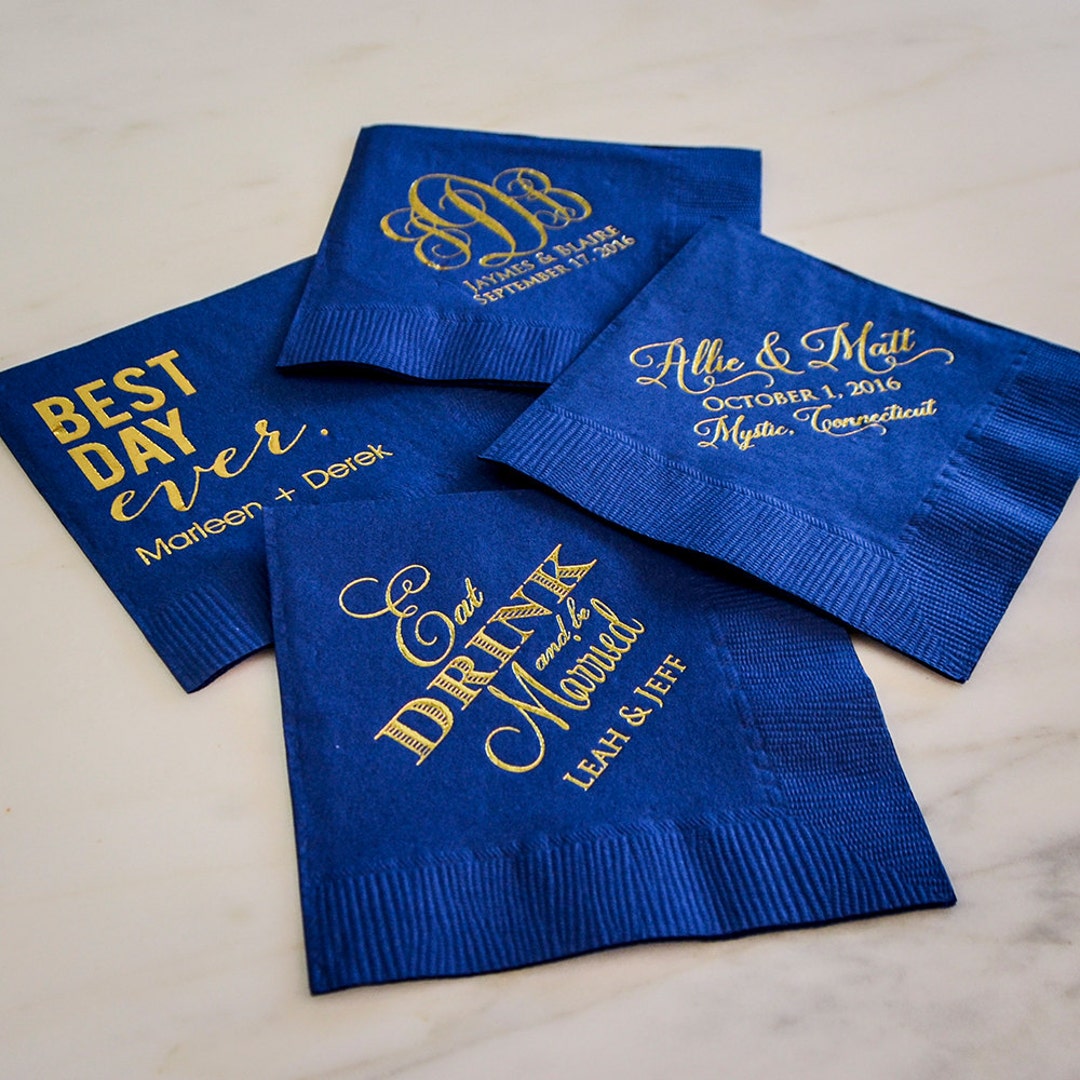Custom Navy Blue Napkins, Foil Printed Personalized Napkins
