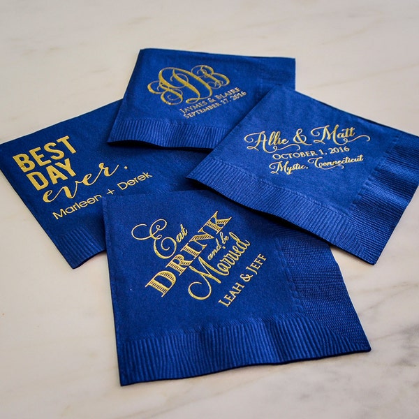 Custom Navy Blue Napkins, Foil Printed Personalized Napkins, Personalized Party Napkins, Wedding Napkins, Navy Cocktail Napkins