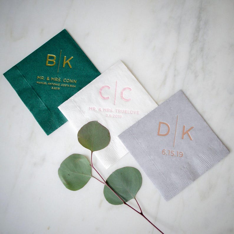 Modern Wedding Monogram Cocktail Napkins, Block Monogram Napkins, Tan Napkins, Personalized Napkins, Custom 3 Ply Napkins, Paper Napkins zdjęcie 6