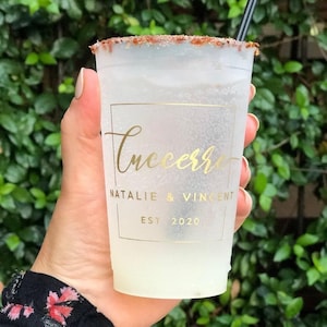 Custom Wedding Reception Bar Frosted Cups, Personalized Shatterproof Cups, Modern Wedding Decor, Signature Cocktails, Engagement Party image 4