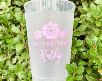 Floral Happy Birthday Shatterproof Party Cups, Personalized Shatterproof Plastic Cups, Bday Frost Flex Party Favor Cups, Plastic Party Cups