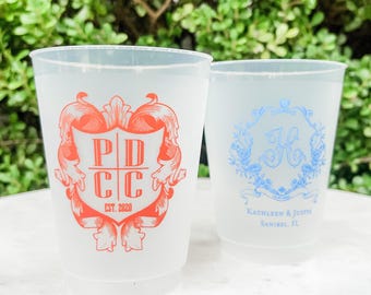 Custom Colored Ink Crest Frost Flex Cups, Shatterproof Custom Monogram Party Cup, Custom Monogram Wedding Cups, Wedding Favors, Frosted Cups