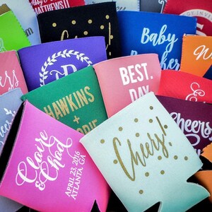 Contemporary Wedding Beer Coolies, Personalized Can Coolers, Custom Printed Can Coolies, Wedding Favors, Collapsible Neoprene Bottle Huggers image 6