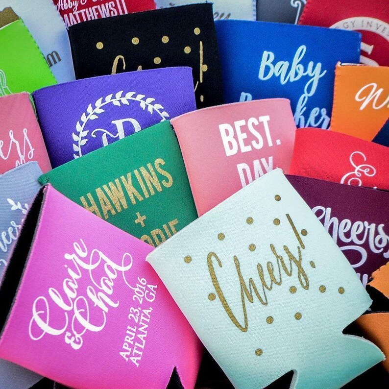 Contemporary Wedding Beer Coolies, Personalized Can Coolers, Custom Printed Can Coolies, Wedding Favors, Collapsible Neoprene Bottle Huggers image 6