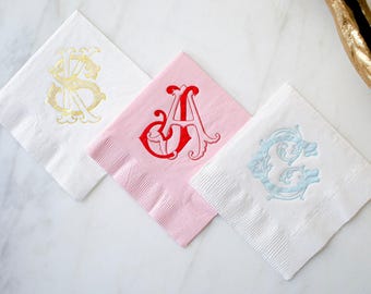 Interlocking Vintage Monogram Wedding Napkins, Custom Cocktail Napkins, Foil Printed Napkins, Personalized Napkins, Customized Party Napkins