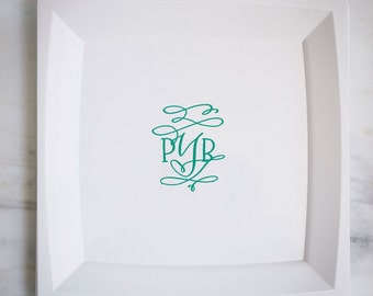 Personalized Monogram Square Plastic Plates, Custom Printed Plates, Monogrammed Plates, Personalized Party Plates