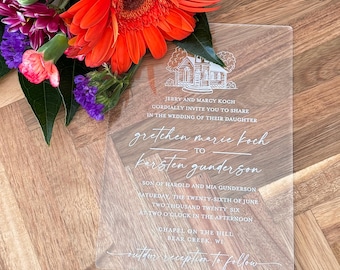 Engraved Acrylic Invitations, Custom Acrylic Wedding Invitations, Clear Acrylic Party Invites, Elegant Engraved Rehearsal Dinner Invitations