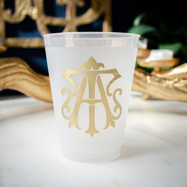 Vintage Monogram Wedding Cocktail Hour Cups, Interlocking Letters Shatterproof Cups, Frost-Flex Plastic Wine Cups, Engagement Party Decor