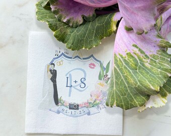 Personalized Full Color Floral Wedding Crest Linun Napkins, Custom Monogram Linen-Like Napkins, Vibrant Floral Linen-Like Wedding Napkins