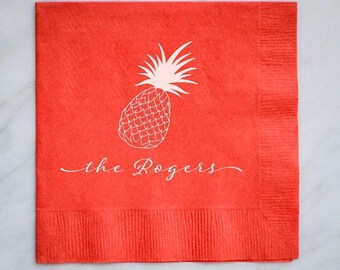 Personalized Pineapple Wedding Napkins, Customizable Cocktail Napkins, Pineapple Beverage Napkins, Beach Wedding, Pineapple with Last Name