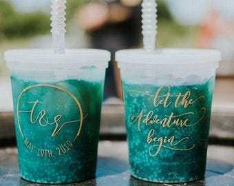 Monogrammed Color Changing Cups, Custom Wedding Favor Cups, Let the Adventure Begin, Unique Party Favors, Plastic Bachelorette Party Cups