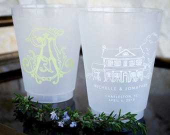 Wedding Venue Cups, Custom Logo Cups, Monogrammed Cups, Wedding Reception, Cocktail Hour, Wedding Favors, Frosted Plastic Cups, Printed Cups