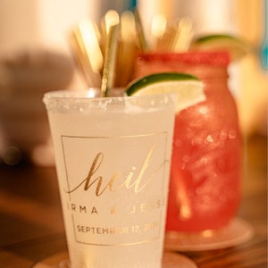Personalized Wedding Reception Cups, Gold Logo Frosted Cups, Custom Shatterproof Cups, Modern Wedding Decor, Signature Cocktail Cups
