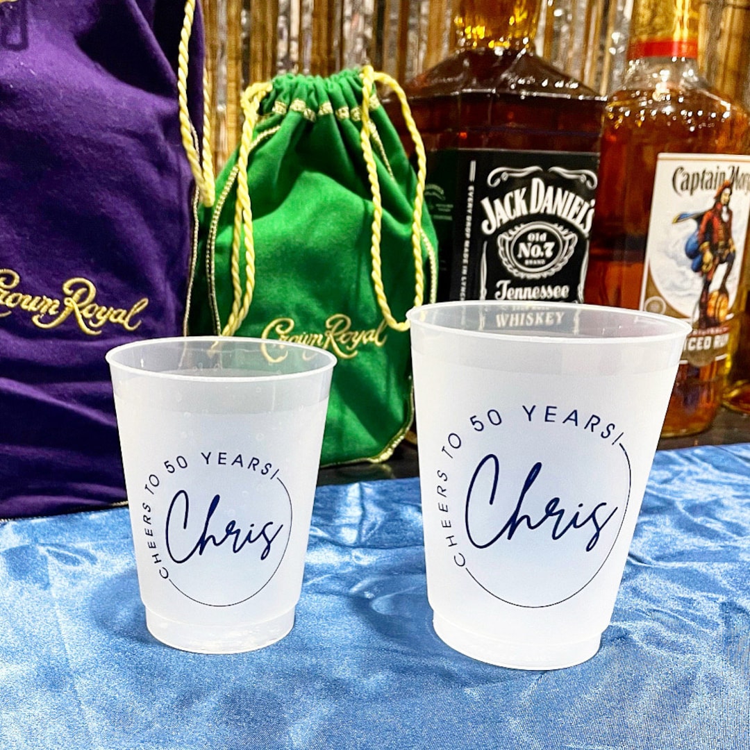 Cheers to 50 Years Birthday Party Cups, Custom Shatterproof Plastic Cups, Frosted Plastic Cups