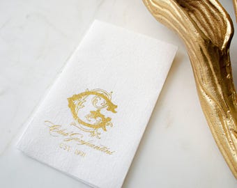 Vintage Interlocking Monogram Linen-Like Guest Towels, Custom Gold Foil Wedding Bathroom Hand Towels, Personalized Wedding Reception Napkins