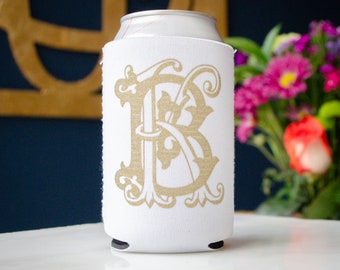 Gold and White Wedding Monogram Can Coolers, Wedding Reception Favors, Elegant Wedding Favors, Custom Beer Can Huggers, Drink Insulators