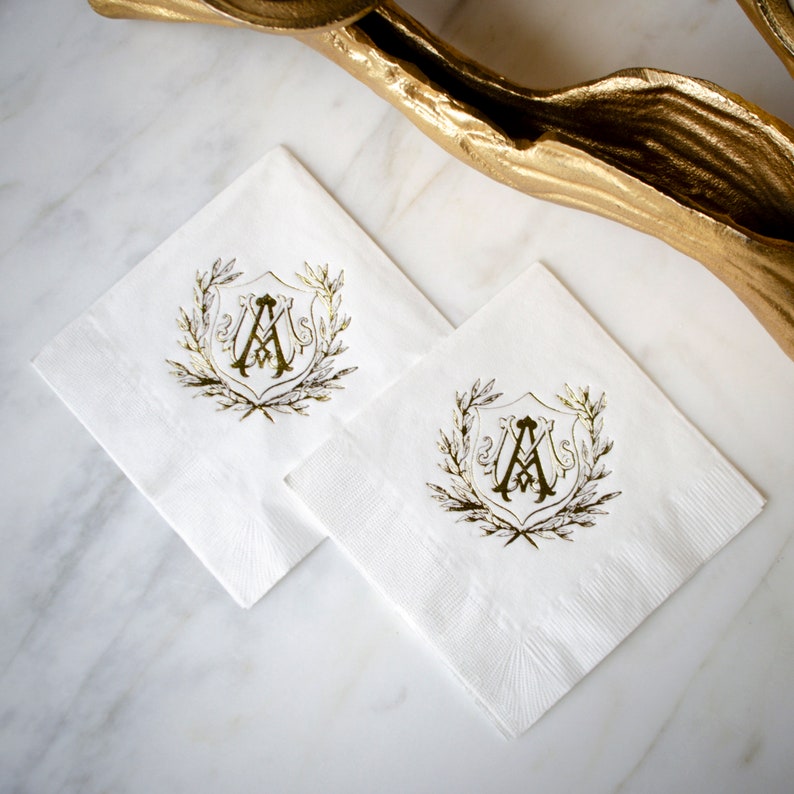 Wedding Logo Cocktail Napkins Gold Foil Printed White Etsy
