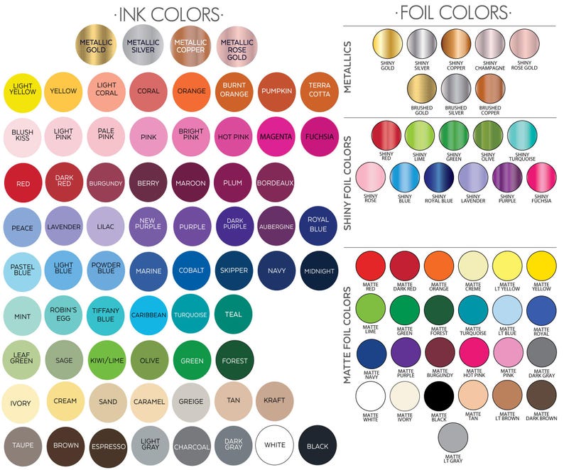 The image is a color palette and foil color chart, displaying a variety of metallic and matte colors in a grid format.