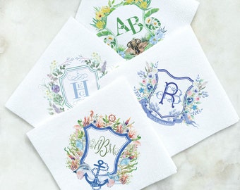 Full-Color Wedding Crest Linun Like Napkins, Monogram Cocktail Napkins, Personalized Linen-Like Napkins, Watercolor Crest Napkins