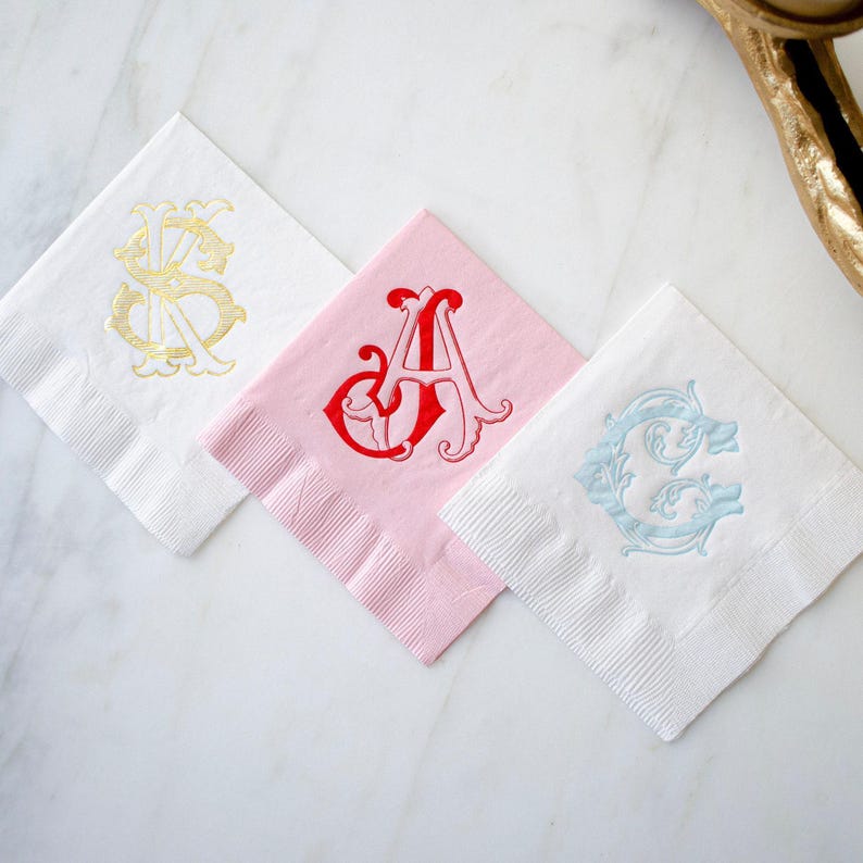 Interlocking Vintage Monogram Wedding Napkins, Custom Cocktail Napkins, Foil Printed Napkins, Personalized Napkins, Customized Party Napkins image 1