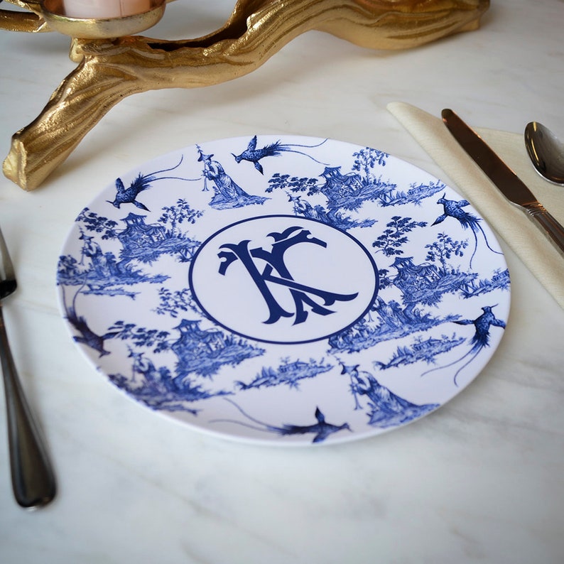 Monogrammed Melamine Plates Chinoiserie Dinnerware Blue and Etsy