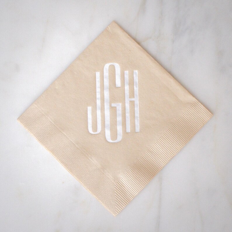 Modern Wedding Monogram Cocktail Napkins, Block Monogram Napkins, Tan Napkins, Personalized Napkins, Custom 3 Ply Napkins, Paper Napkins zdjęcie 4