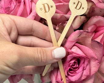 Custom Party 4" Wooden Hors d'oeuvre Picks, Custom Monogrammed Food Skewers, Charcuterie Wooden Skewers, Cocktail Garnish Sticks, Food Pics
