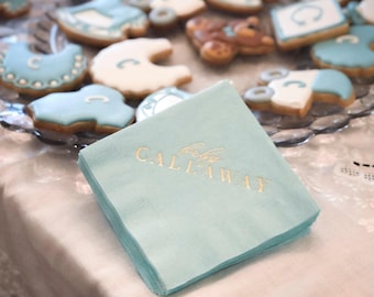 Light Blue Boy Baby Shower Napkins, Gold Foil 3 Ply Napkins, Gender Reveal, First Birthday Party Supplies, Sip and See Party Dessert Napkins