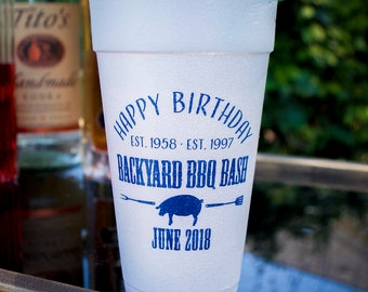 Custom Printed Birthday BBQ Cups, Personalized Styrofoam Birthday Party Cups, Backyard BBQ Party Cups, Birthday Bash Party Cups, Party Favor
